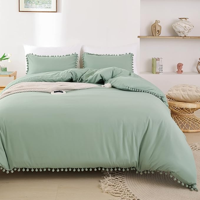 YIRDDEO King Size Comforter Set - King Size Comforter with Ball Pom Fringe, Soft King Bedding Set for All Seasons - 3 Pieces, 1 Comforter (104"x90"inches) & 2 Pillow Shams(20"x36"), Sage Green