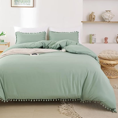 YIRDDEO King Size Comforter Set - King Size Comforter with Ball Pom Fringe, Soft King Bedding Set for All Seasons - 3 Pieces, 1 Comforter (104"x90"inches) & 2 Pillow Shams(20"x36"), Sage Green