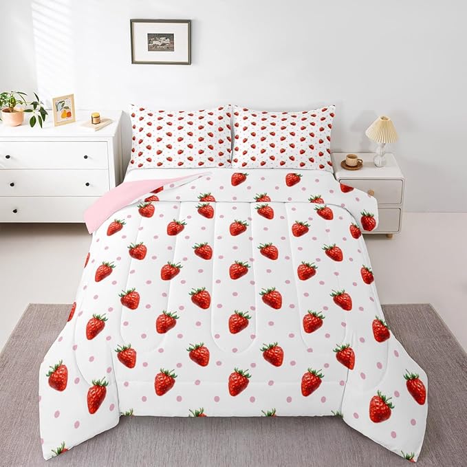 jejeloiu Sweet Strawberry Duvet Cover Toddle Size 3D Print Bedding Set for Kids Boys Girls Pink Wave Dot Comforter Cover Set Kawaii Fruit Bedspread Cover 2Pcs