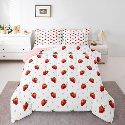 jejeloiu Sweet Strawberry Duvet Cover Toddle Size 3D Print Bedding Set for Kids Boys Girls Pink Wave Dot Comforter Cover Set Kawaii Fruit Bedspread Cover 2Pcs