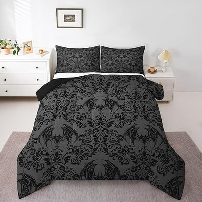 Feelyou Adults Gothic Comforter Set Twin Size Dark Olive Green Damask Comforter Bat Bohemia Boho Bedding Set Goth Duvet Set Vintage Victorian Baroque Floral Quilt Set 2Pcs