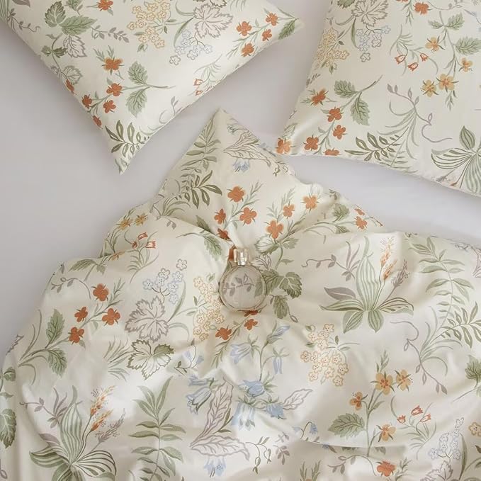 MKXI Queen Comforter Set Cute Green Floral Bedding Comforter Set White Printed Reversible Soft Comforter Garden Style