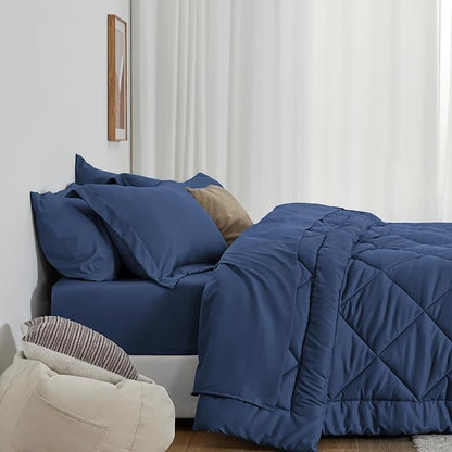 Love's cabin King Size Comforter Set Dark Blue, 7 Pieces King Bed in a Bag, All Season Bedding Sets with 1 Comforter, 1 Flat Sheet, 1 Fitted Sheet, 2 Pillowcase and 2 Pillow Sham