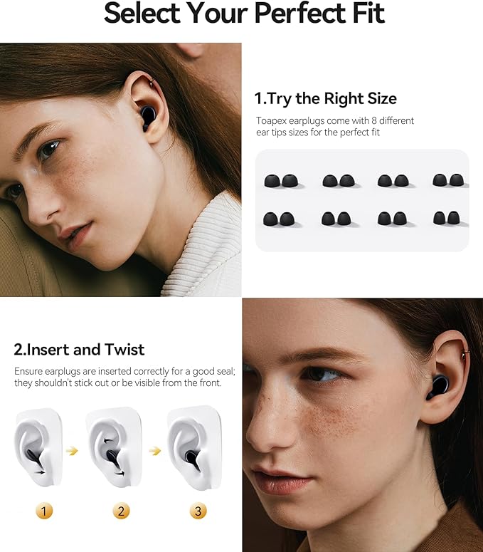 Ear Plugs for Sleeping 45dB Noise Cancelling Ear Plugs for Noise Reduction & Snoring, Concerts, Earplugs for Sleep,Sider Sleepers Airplane, Silicone Earplugs Reusable Concert Ear Plug +8Tip Black