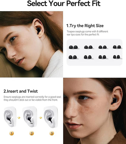 Ear Plugs for Sleeping 45dB Noise Cancelling Ear Plugs for Noise Reduction & Snoring, Concerts, Earplugs for Sleep,Sider Sleepers Airplane, Silicone Earplugs Reusable Concert Ear Plug +8Tip Black