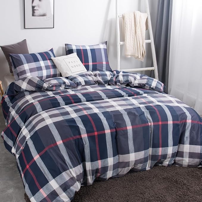 CLOTHKNOW Blue Plaid Twin Comforter Set 3Pcs Buffalo Tartan Bedding Comforter Sets Soft Geometric Grid Comforter with 2 x Pillow Cases