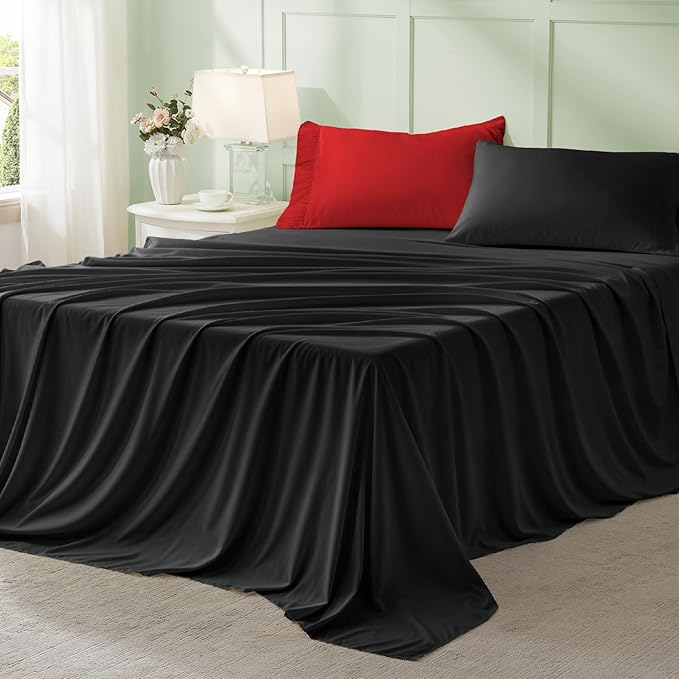 Anluoer Black and Red Full Comforter Set 7 Pieces, Bed in a Bag with Sheets, All Season Bedding Sets with 1 Comforter, 2 Pillow Shams, 2 Pillowcases, 1 Flat Sheet, 1 Fitted Sheet