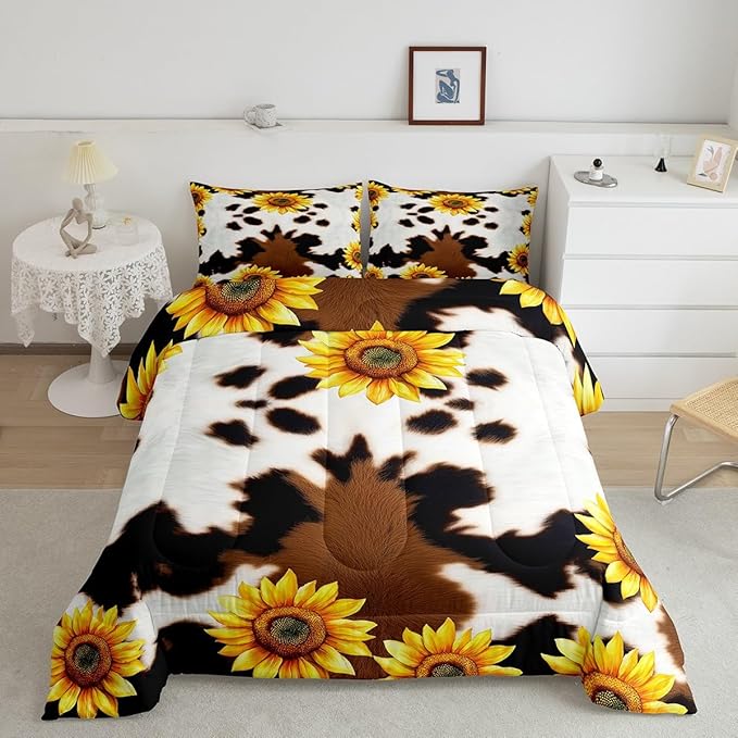 Erosebridal Cow Print Comforter Set for Kids Boys Girls,White Brown Black Cowhide Sunflower Bedding Set,Yellow Highland Fur Duvet Insert,Farmhouse Western Animal Down with 2 Pillowcases,King
