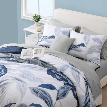 WRENSONGE Queen Comforter Set- 7 Pieces Blue Tropical Leaves Soft Bedding Sets, Coastal Bed in a Bag, Botanical Printed Comforter with Sheets for All Season