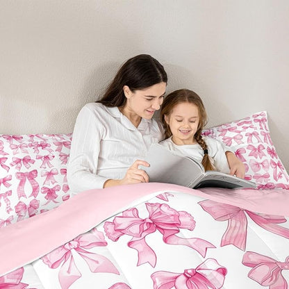 Castle Fairy Pink Bow Comforter Set King Size,Pink Grid Bedding Set 3Pcs for Kids Teens Adults Room Decor,Cute Bow Down Comforter Fashion Preppy Bedding Comforters,2 Pillowcases