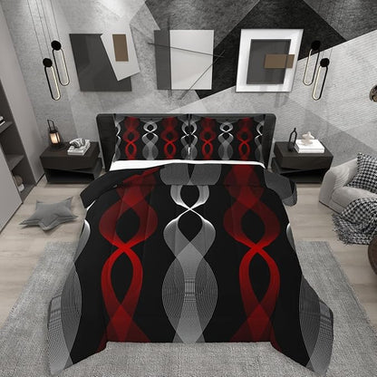 Erosebridal Red and Black Bedding Set Twin for Adults, Red Striped Comforter Set for Women Men Teens Adults Bedroom, Ombre Geometric Stripes Abstract Comforter, Contemporary Boho Modern Art Quilt
