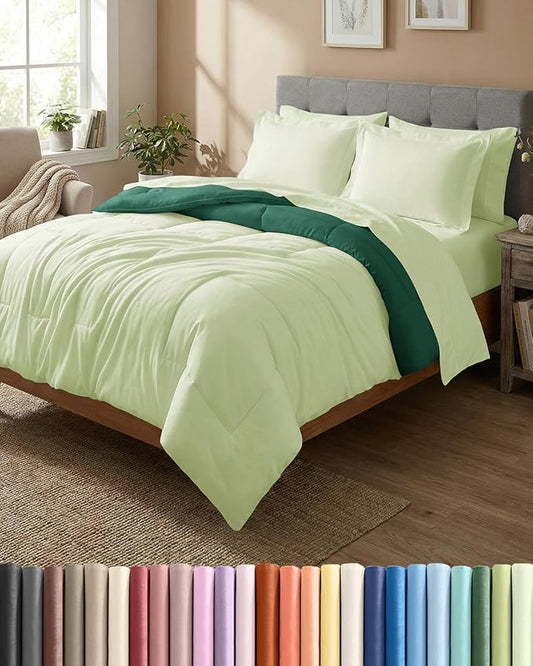 King Comforter Set - 5 Piece Bed in a Bag King Size Bed Set - Down Alternative Comforter, Flat Sheet, Fitted Sheet, Pillowcase & Shams for All Seasons - Soft, Comfy & Breathable - Light Sage/Emerald