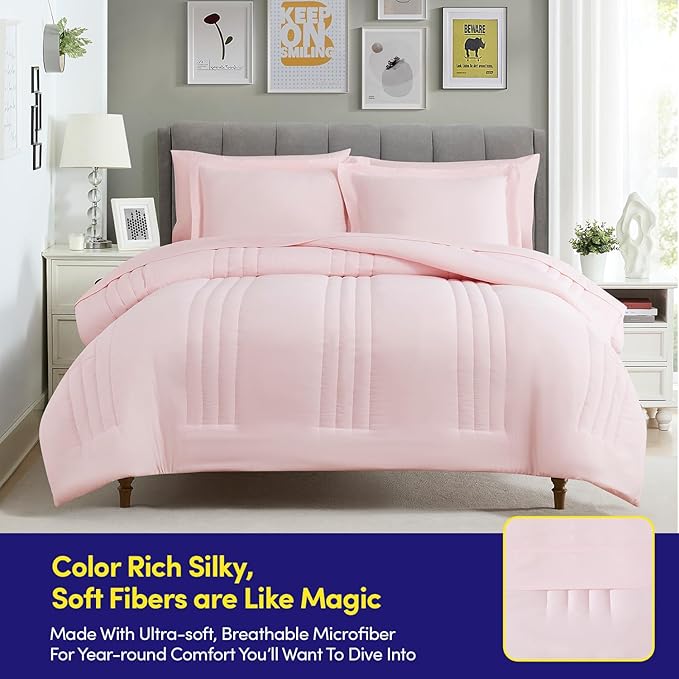 Queen Comforter Set Quilted Stripe Bedding Bundle – Stylish Set with Comforter, Mattress Protector, Sheet Set & Pillow Shams — Sophisticated Striped Design for Home & Guest Rooms, Pale Pink