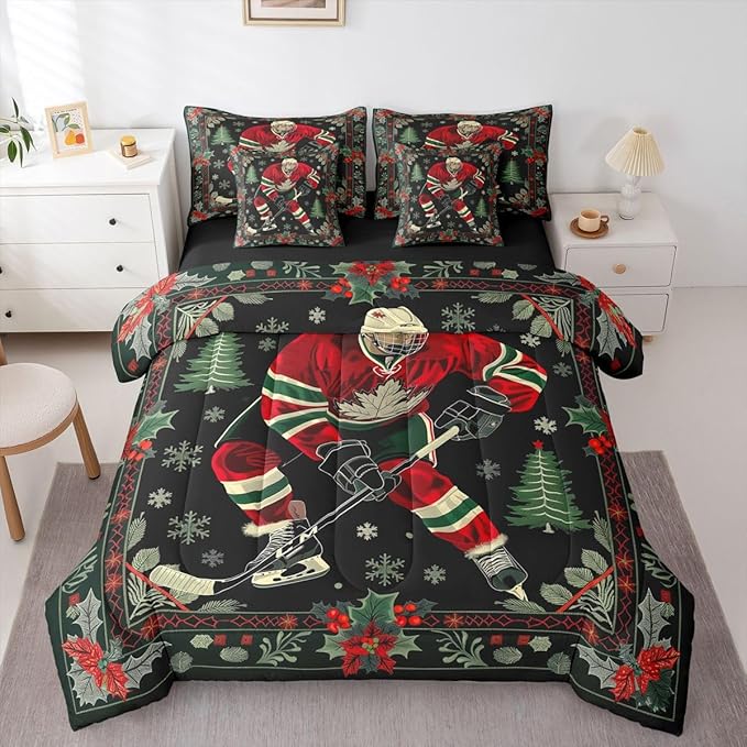 Erosebridal Ice Hockey 7 Piece Comforter Set Queen | Christmas Theme Puck Player Bed in A Bag Athletic Competitive Games Sheet Set Reversible Winter Sports Fitted Sheet Breathable Lightweight