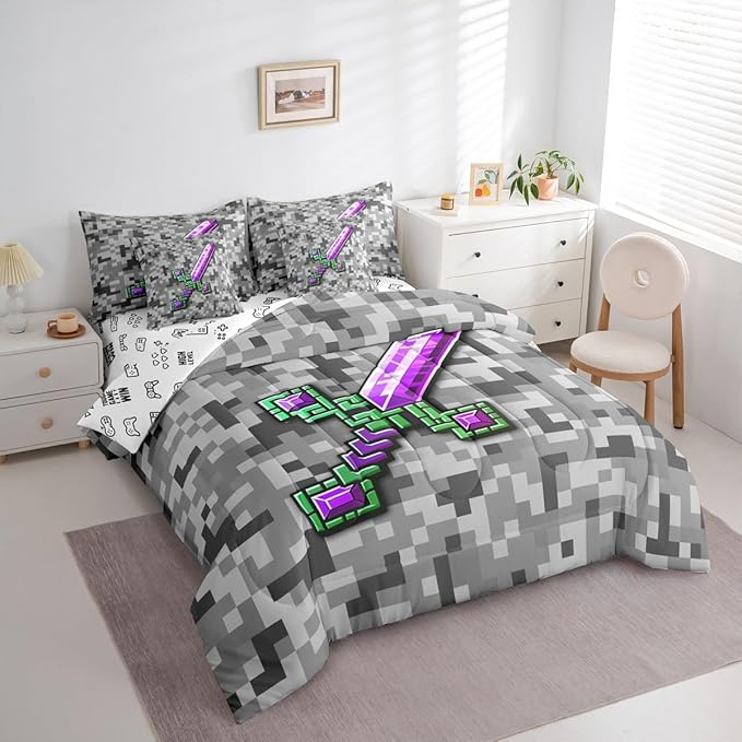 Castle Fairy Green Purple Sword 7 Piece Comforter Set Queen Size,Miner Check All Season Reversible Bed in a Bag Video Games Bedding Sets Cool Pixel Flat Sheet,Fitted Sheet,Pillowcases