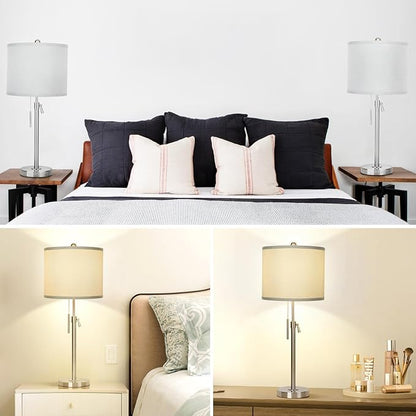 Table Lamps for Bedrooms Set of 2, 22" to 30" Height Adjustable Nightstand Lamps with Linen Shade, Pull Chain Switch Lamps for Living Room, 3 Way Dimmable Beside Lamp