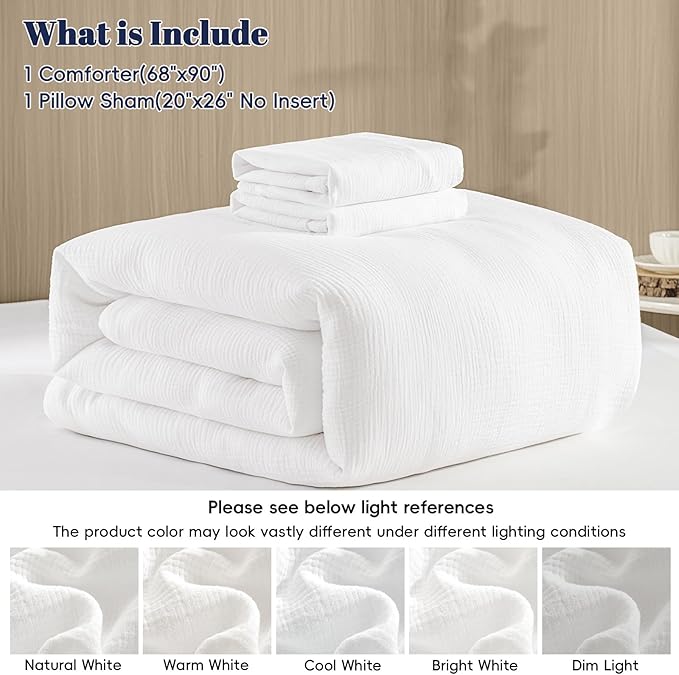 PHF Cotton Muslin Comforter Set Twin – 100% Cotton Cover, Ultra Soft & Breathable, 2PCS Lightweight All-Season Bedding with Polyester Fill, 1 Comforter 68"x90" & 1 Pillow Sham 20"x26", White