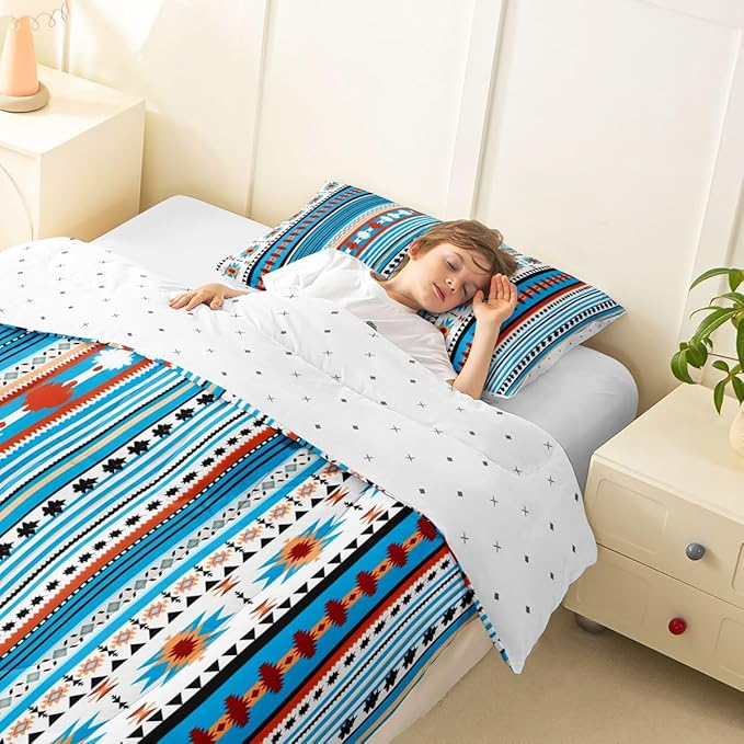 Erosebridal Southwestern Comforter Set Twin Bohemian Geometric Quilt, Ethnic Tribal Arrow Bedding Set Western Duvet Insert, Country Western Bedroom Decor Blue White