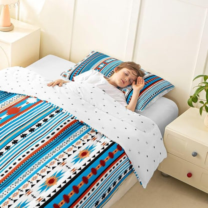 Erosebridal Southwestern Comforter Set Twin Bohemian Geometric Quilt, Ethnic Tribal Arrow Bedding Set Western Duvet Insert, Country Western Bedroom Decor Blue White