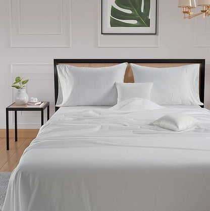LANE LINEN 600 Thread Count 100% Cotton White Twin XL Sheets Set, Soft & Comfy Bedding Set Perfect for Hospital Beds, Mercerized Cotton, Fully Elasticized Silky Soft Cotton White Sheets Twin XL
