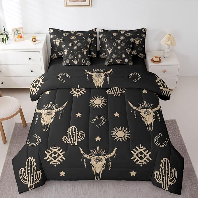 Erosebridal Western Bull Skull Bed in A Bag 7 Pcs Exotic Boho Cow Skull Comforter Set for Kids Boys Girls Black Brown Ethnic Horns Bedding Sets Twin Tropical Western Cactus Sheet Set with Comforter