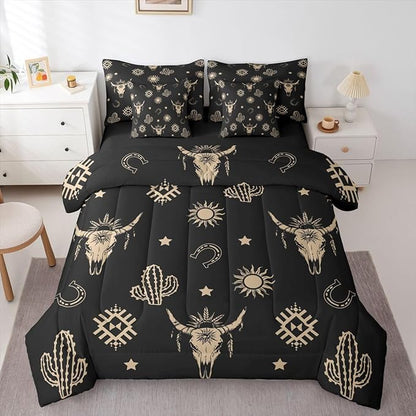 Erosebridal Western Bull Skull Bed in A Bag 7 Pcs Exotic Boho Cow Skull Comforter Set for Women Men Black Brown Ethnic Horns Bedding Sets King Tropical Western Cactus Sheet Set with Comforter