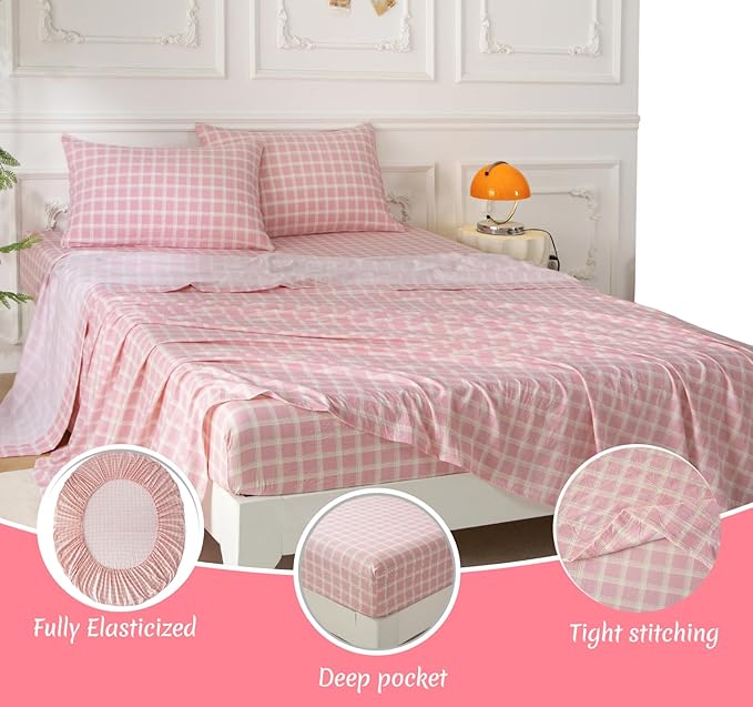 SDY 7PCS Pink Plaid Comforter and Sheet Set Queen Size, Super Soft Microfiber Gingam Bedding Set for Kids Girls Includes 1*Comforter,1* Flat Sheet, 1*Fitted Sheet,2*Pillowcases and 2*PillowcaseShams