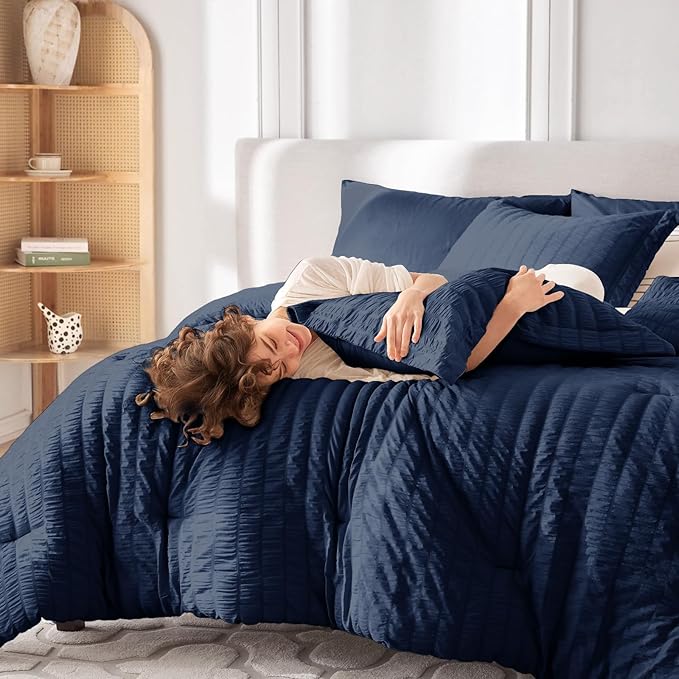 MUXHOMO 7 Pieces Full Comforter Set, Seersucker Bed in a Bag Full Size, All Season Luxury Bedding Set with Comforter, Flat Sheet, Fitted Sheet, Pillowcases & Shams, Navy Blue