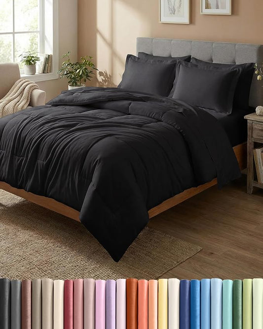 Full Comforter Set - 5 Piece Bed in a Bag Full Size Bed Set - Down Alternative Comforter, Flat Sheet, Fitted Sheet, Pillowcase & Shams for All Seasons - Ultra Soft, Cozy, Comfy and Breathable - Black