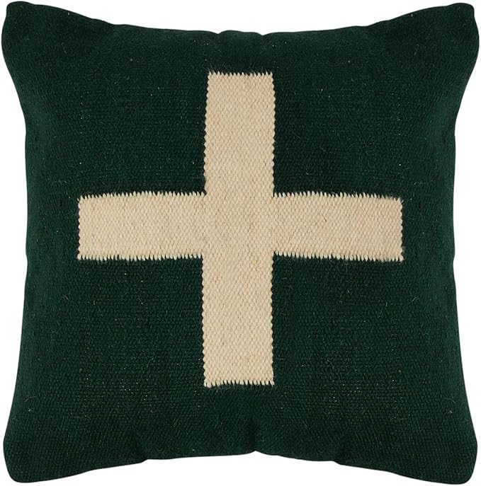 Creative Co-Op Swiss Cross Cotton Wool Throw Pillow, Green and Cream