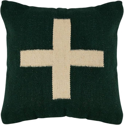 Creative Co-Op Swiss Cross Cotton Wool Throw Pillow, Green and Cream