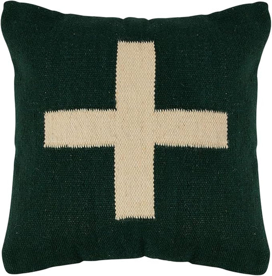 Creative Co-Op Swiss Cross Cotton Wool Throw Pillow, Green and Cream