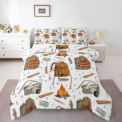 Feelyou Camping Comforter Set Full Size Camper Comforter Accessories for Travel Trailers Bedding Set Camping Backpack Print Duvet Set Room Decor Jade White Quilt Set