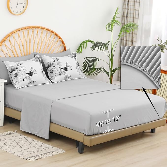 Drucon Grey Floral Comforter Set Queen 7 Pieces Bed in a Bag Botanical Floral Comforter Soft Microfiber Grey Bedding Set Queen Size Bed with Sheet and Pillowcase
