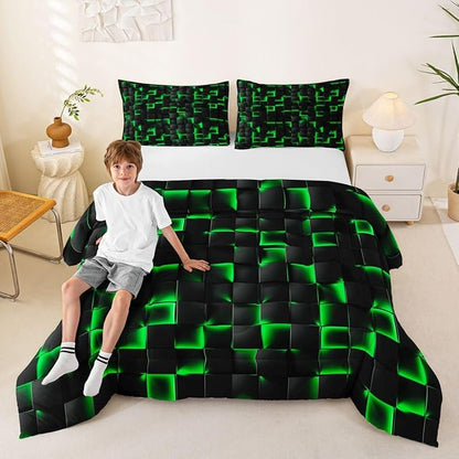Erosebridal Neon Black Green Boys Comforter Set Toddler Size Geometric Checkered Bedding Set for Kids Teen Men Gaming Room Decor,Abstract Ombre Plaid Comforter Grids Quilt Duvet