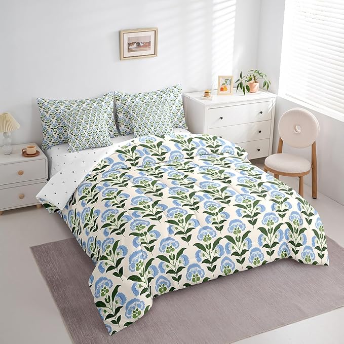 Feelyou Girls Vintage Flowers Comforter Set with Sheets Full Size 7 Pieces Kids Romantic Florals Pattern Bedding Set for Boys Women Teens Botanical Nature Garden Theme Bed in a Bag Room Decor