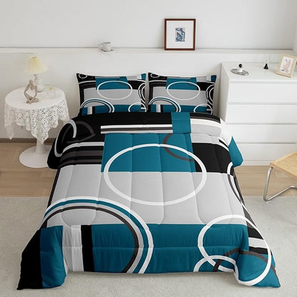 Erosebridal Modern Turquoise Decor Comforter Set Gray Black Blue Stripe Geometric Down Comforter King Size Retro Circle Swirls Bedding Set Modern Abstract Texture Color Art Duvet Set