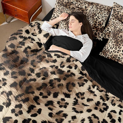 Erosebridal Leopard Print 7 Piece Bedding Set Twin Cheetah Not Real Fur Comforter Set with Sheets Wild Animal Jungle Ombre Cowhide Fur Bed in A Bag Beige Brown Bed Sets