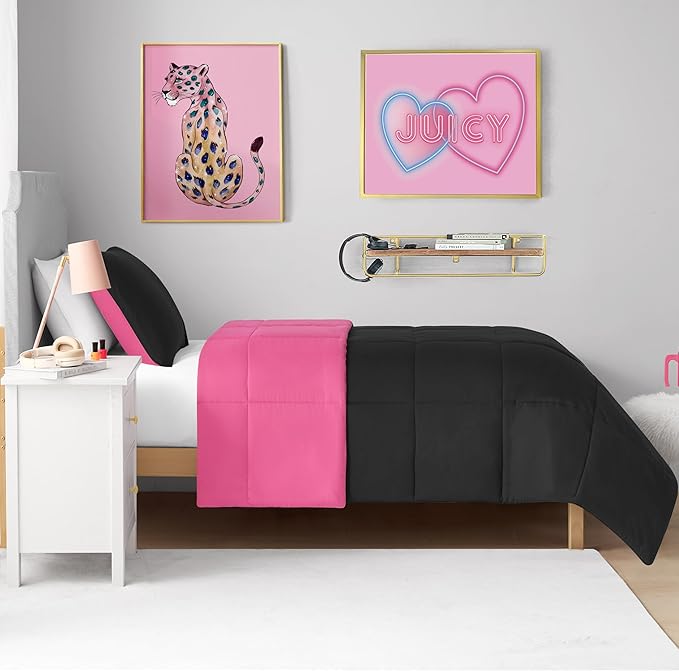 Juicy Couture Reversible Box Stitch Comforter Set, 3-Piece King – Hot Pink/Black – Glam Bedding Set