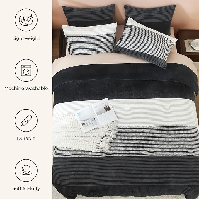 Litanika Fluffy Fleece Twin Comforter Set, Luxury Soft Plush Fuzzy Grey White Stripe Bedding Comforter Sets, Warm Shaggy Faux Fur Bed Set All Season (1 Comforter, 1 Pillowcase)