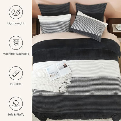 Litanika Fluffy Fleece Queen Comforter Set, Luxury Soft Plush Fuzzy Grey White Stripe Bedding Comforter Sets, Warm Shaggy Faux Fur Bed Set All Season (1 Comforter, 2 Pillowcases)