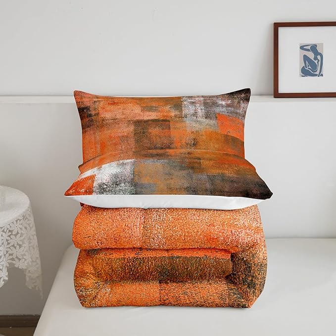 Erosebridal Orange Grey Comforter Set Full Size,Watercolor Ombre Bedding Set for Women Men,Oil Painting Bedding Comforter Sets,Vintage Minimalism Duvet Insert with 2 Pillowcases Home Room Decor