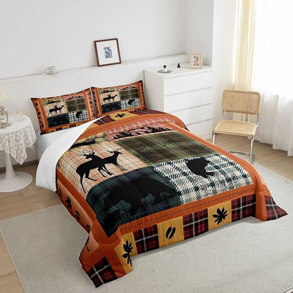 Buffalo Plaid Check Bedding Sets Cabin Camping Decor Bear Elk Deer Comforter For Kids Teens Pink Orange Blue Patchwork Duvet Insert Pike Fish Fishing Quilt Fall Leaves Down Comforter Queen 3Pcs