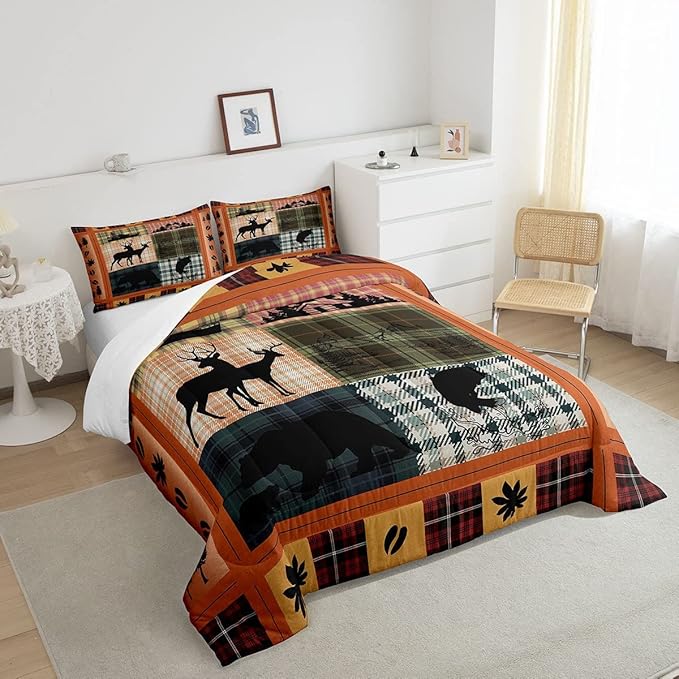 Buffalo Plaid Check Bedding Sets Cabin Camping Decor Bear Elk Deer Comforter For Kids Teens Pink Orange Blue Patchwork Duvet Insert Pike Fish Fishing Quilt Fall Leaves Down Comforter Twin 2Pcs