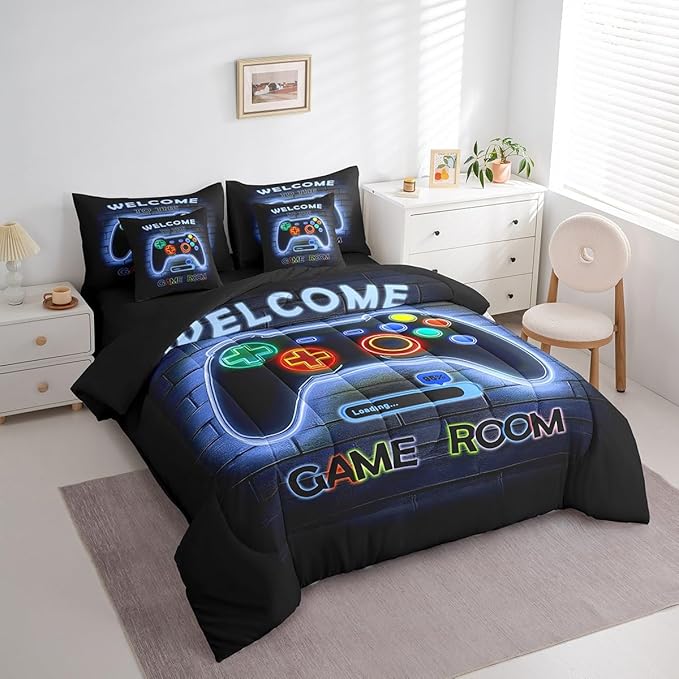 jejeloiu Blue Gamer Gaming 7 Piece Bedding Set Full Size for Boys Game Console Comforter Set with Sheets Kids Teens Neon Light Bed in a Bag Cool Game Room Decor Bed Set
