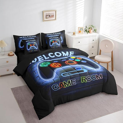 jejeloiu Blue Gamer Gaming 7 Piece Bedding Set Full Size for Boys Game Console Comforter Set with Sheets Kids Teens Neon Light Bed in a Bag Cool Game Room Decor Bed Set