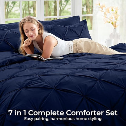 Sasttie Twin XL Comforter Set, 5-Piece Bed in a Bag, Pintuck Bedding Sets for All Season, Includes Comforter, Flat Sheet, Fitted Sheet, Pillowcase and Pillowsham, Navy