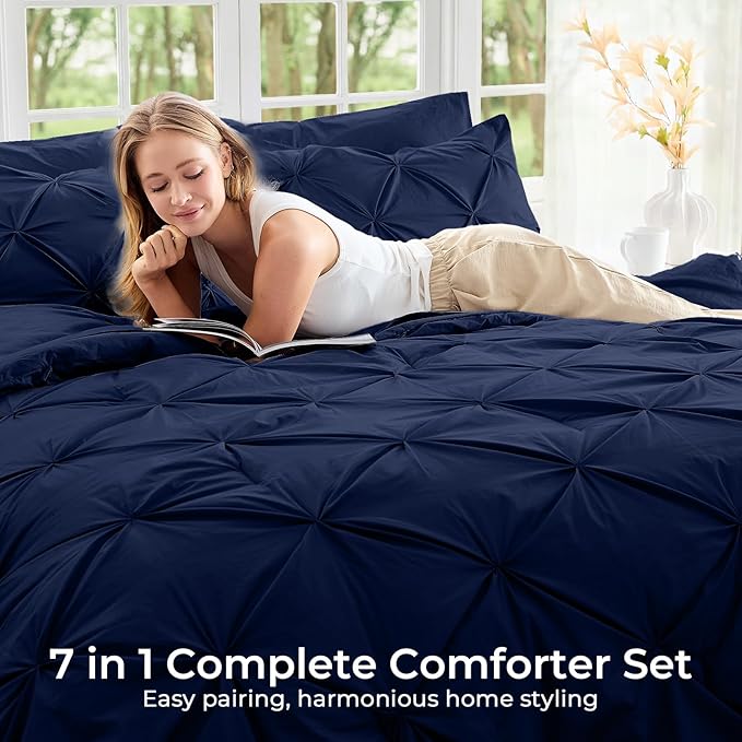 Sasttie King Size Comforter Set, 7-Piece Bed in a Bag, Pintuck Bedding Sets for All Season, Includes Comforter, Flat Sheet, Fitted Sheet, Pillowcases and Pillowshams, Navy