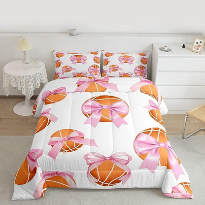 Bowknot Basketball Comforter Set Queen Size,Pink Bow Knot Print Bedding Sets 3Pcs for Kids Girls Women Room Decor,Ball Sport Games Theme Quilted Duvet Cute Cartoon Girly Down Comforter,2 Pillowcases