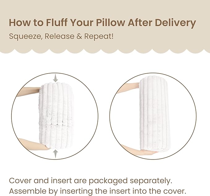 AELS Faux Fur Striped Cylinder Pillows Set of 2, 8" x 24" Decorative Modern Bolster Pillows with Removable Washable Cover & Insert, Body Pillow for Couch Bed, Living Room Bedroom Nursery Decor, White